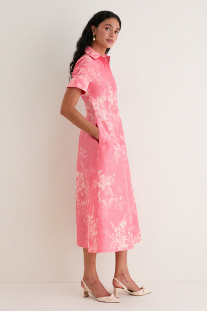 Rose Bouquet Blossom Pink Floral Print Linen Chine Midi Shirt Dress