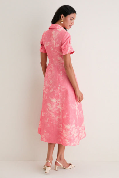 Rose Bouquet Blossom Pink Floral Print Linen Chine Midi Shirt Dress