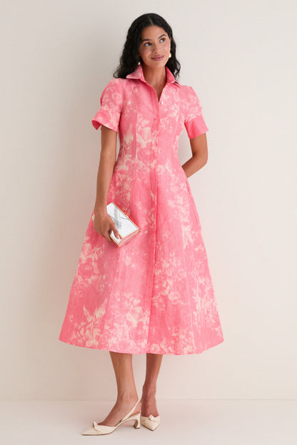 Rose Bouquet Blossom Pink Floral Print Linen Chine Midi Shirt Dress