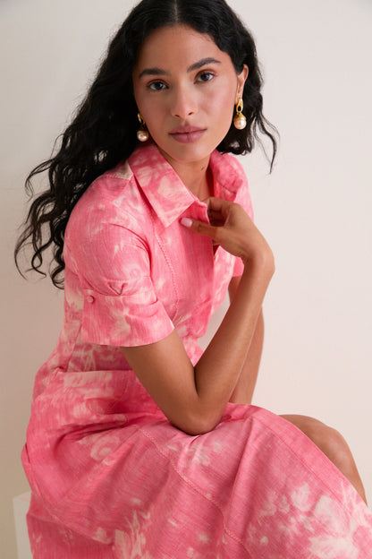 Rose Bouquet Blossom Pink Floral Print Linen Chine Midi Shirt Dress