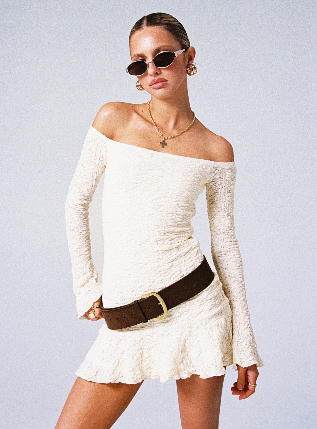Vancesca Off Shoulder Long Sleeve Mini Dress Cream