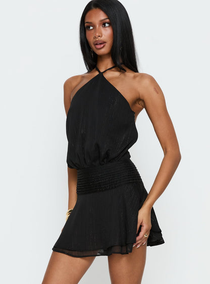 Rozario Chiffon Halter Mini Dress Black / Silver