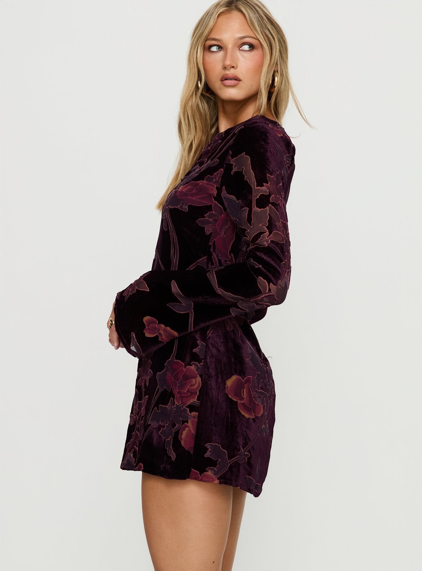Alitra Long Sleeve Mini Dress Floral Devore Burgundy