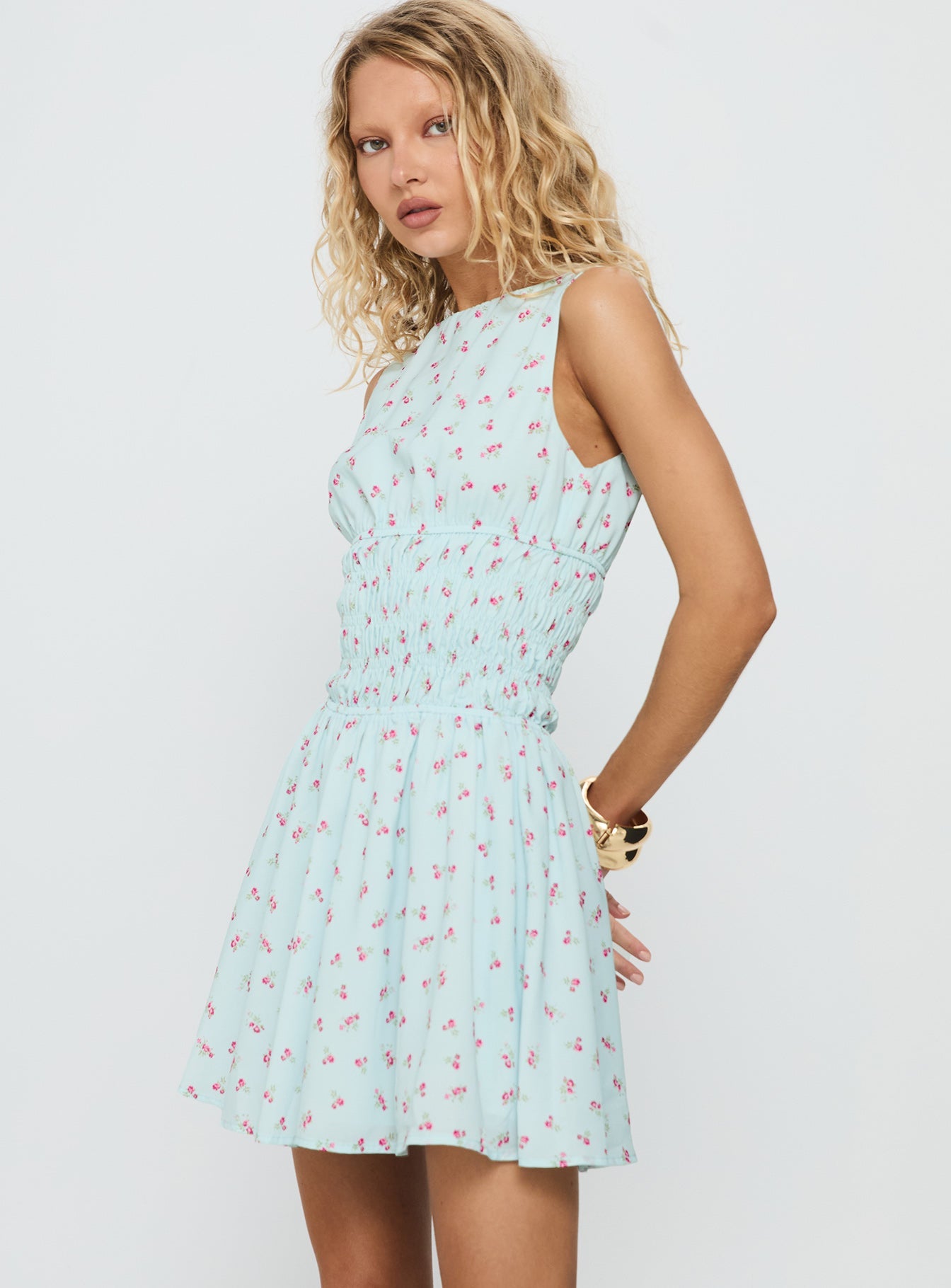 Alonah Shirred Mini Dress Blue Floral