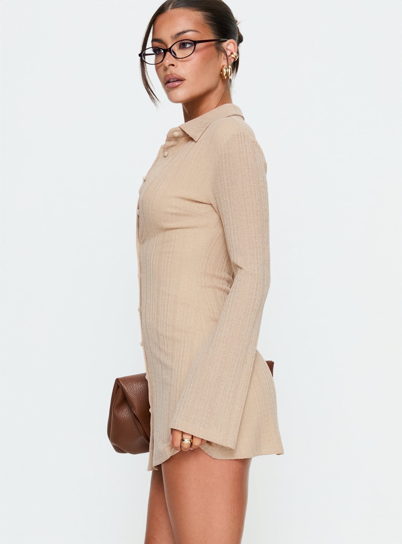When You Sleep Long Sleeve Mini Dress Beige