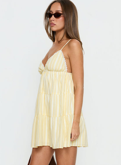 Summer Air V Neck Tiered Mini Dress Yellow