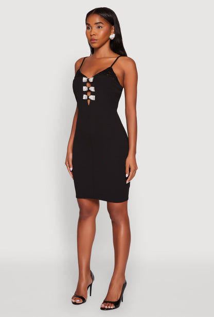 Sleeveless Crepe Knit Mini Dress with Rhinestone Bows