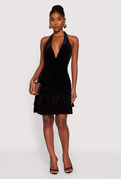 Velvet Ruffle Tiered Tie Back Halter Dress