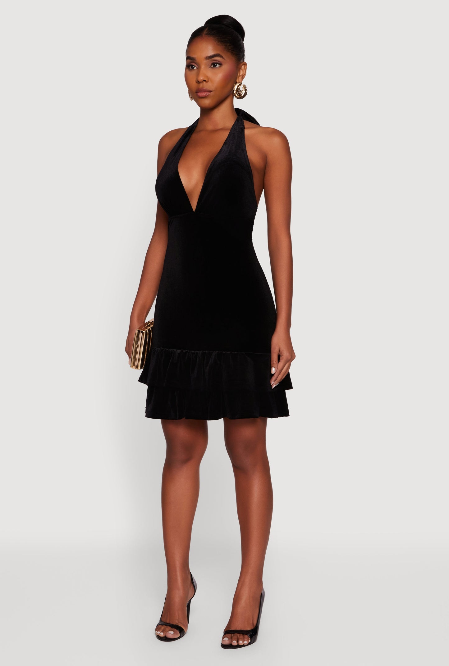 Velvet Ruffle Tiered Tie Back Halter Dress