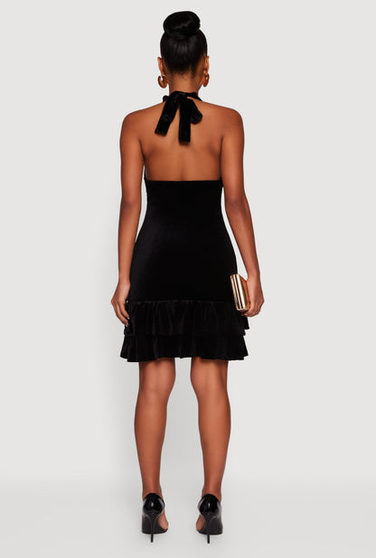 Velvet Ruffle Tiered Tie Back Halter Dress