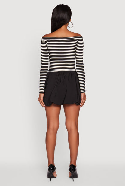 Striped Off The Shoulder Long Sleeve Bubble Hem Dress