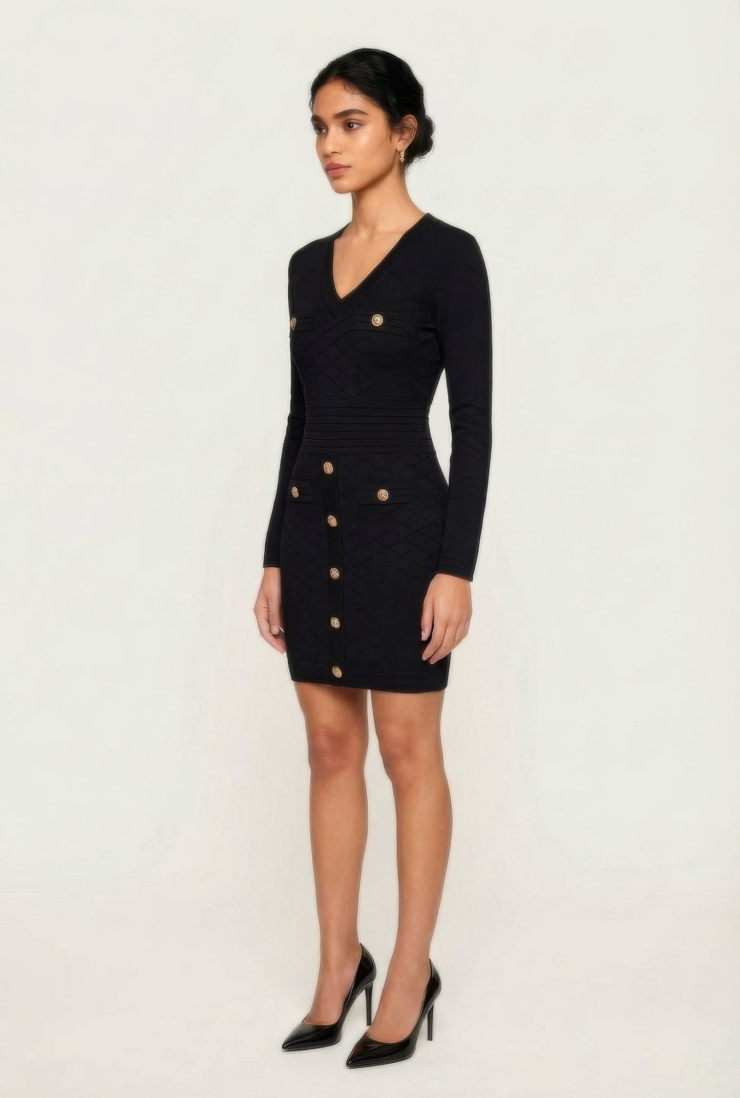 Textured Knit Button Detail Long Sleeve Sweater Dress