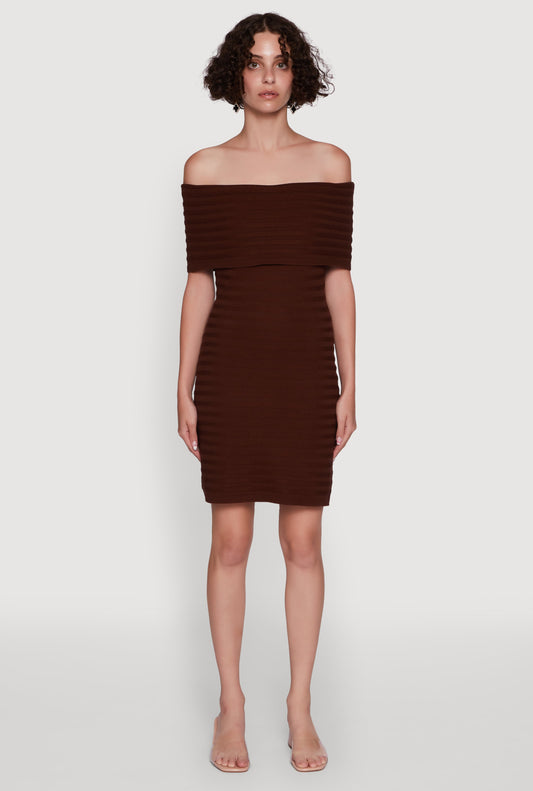 Rib Knit Fold Over Off the Shoulder Mini Dress