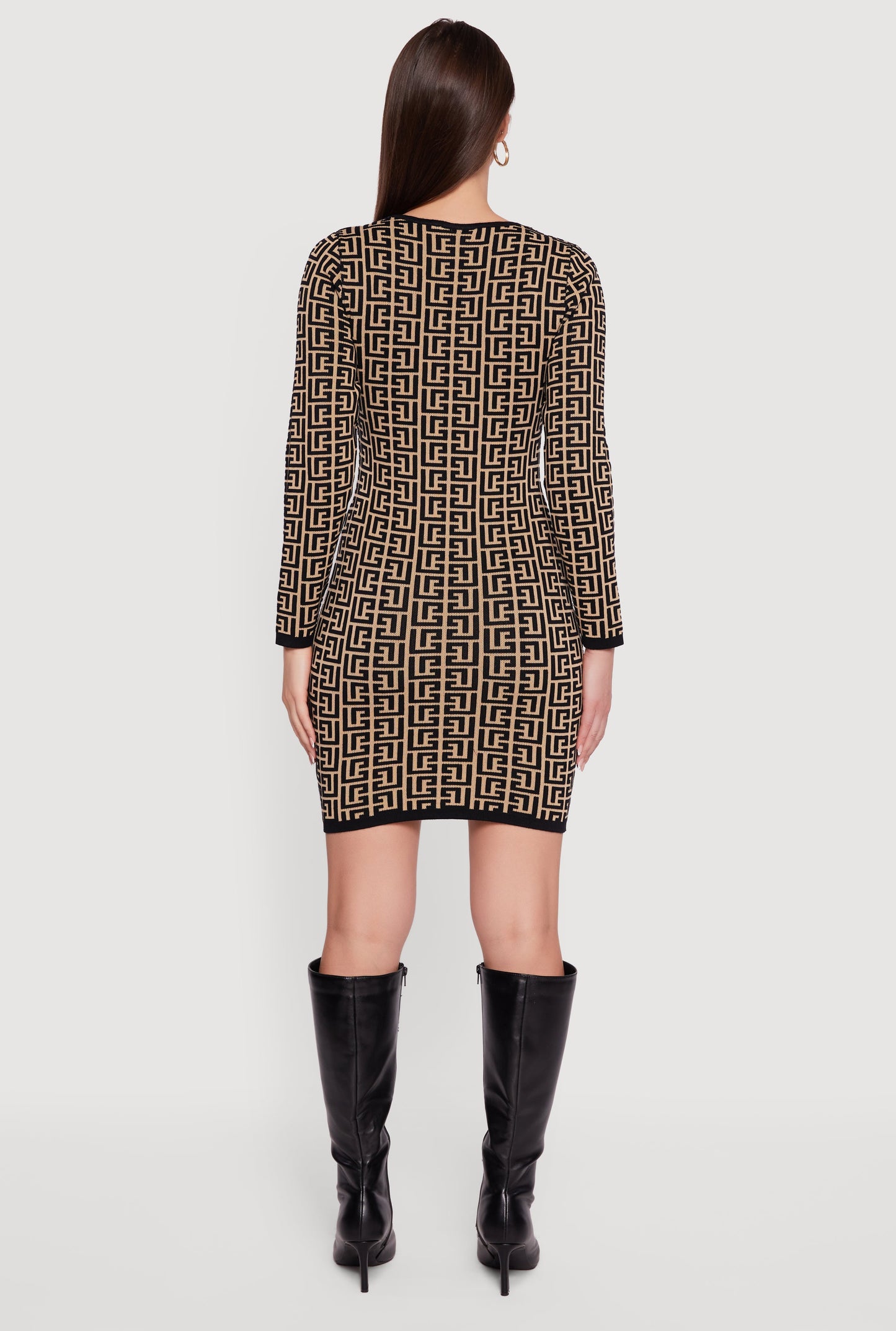 Printed Pattern Long Sleeve Square Neck Sweater Dress