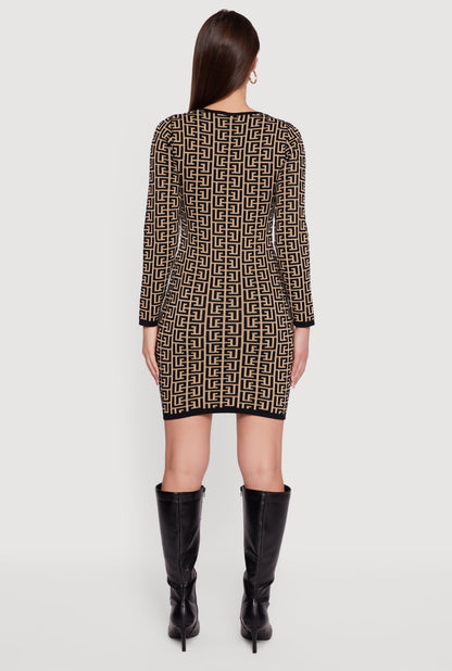 Printed Pattern Long Sleeve Square Neck Sweater Dress