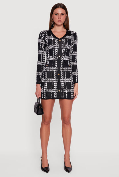 Patterned V-Neck Long Sleeve Mini Sweater Dress