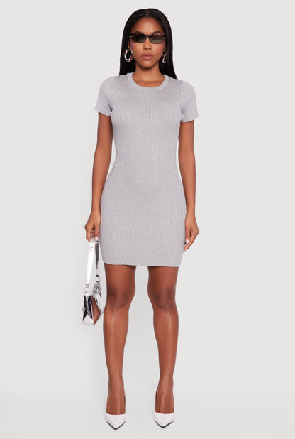 Short Sleeve Ribbed Knit Sweater Dress