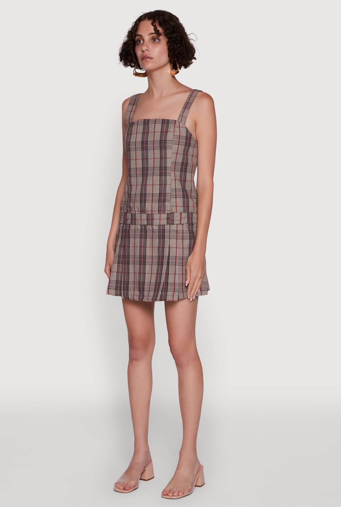 Plaid Square Neck Sleeveless Pleated Hem Dress
