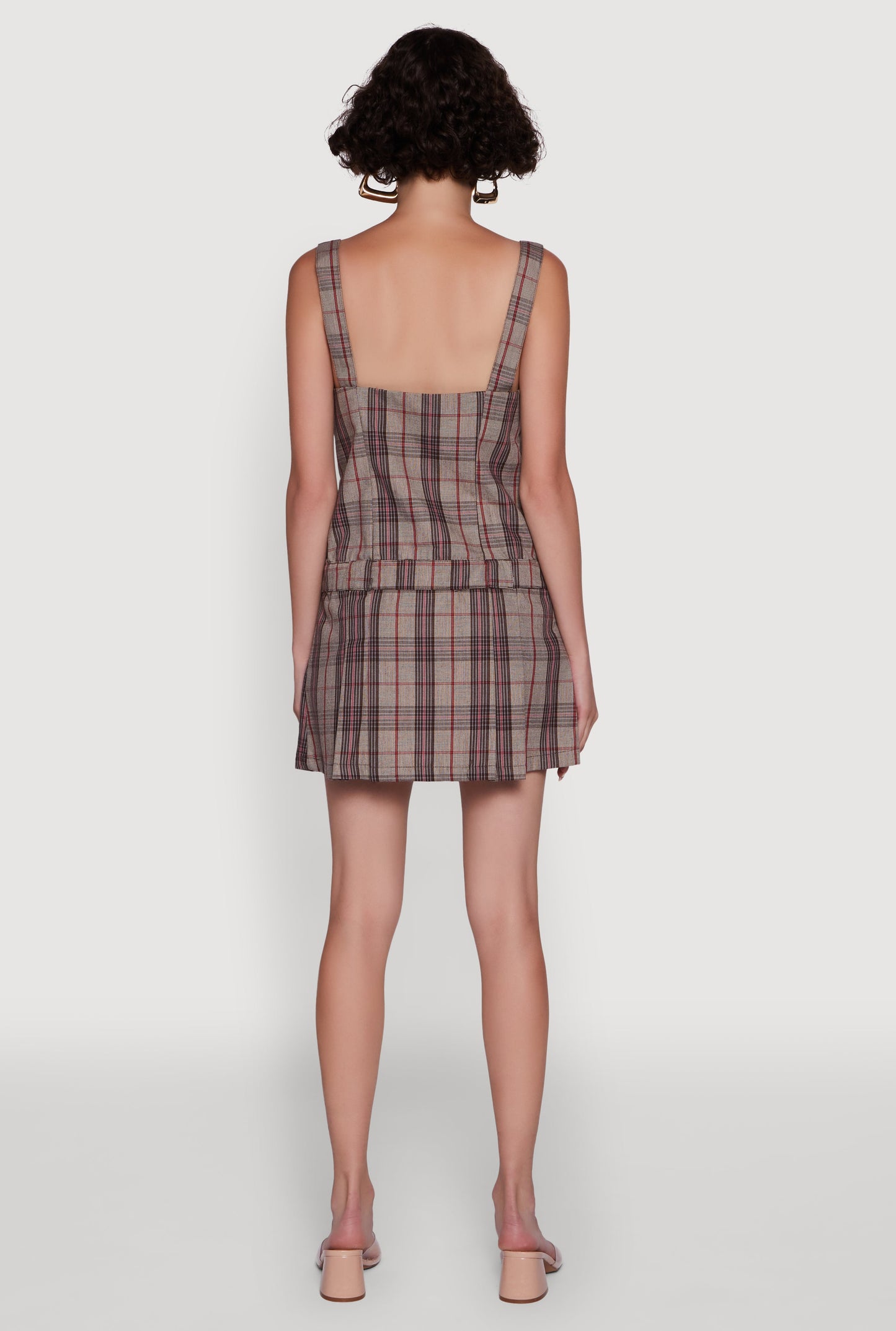 Plaid Square Neck Sleeveless Pleated Hem Dress