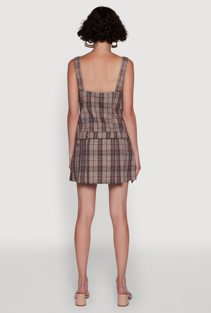 Plaid Square Neck Sleeveless Pleated Hem Dress