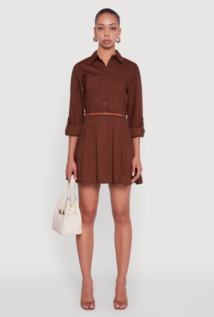 Tabbed Sleeve Belted Button Front Shirt Dress