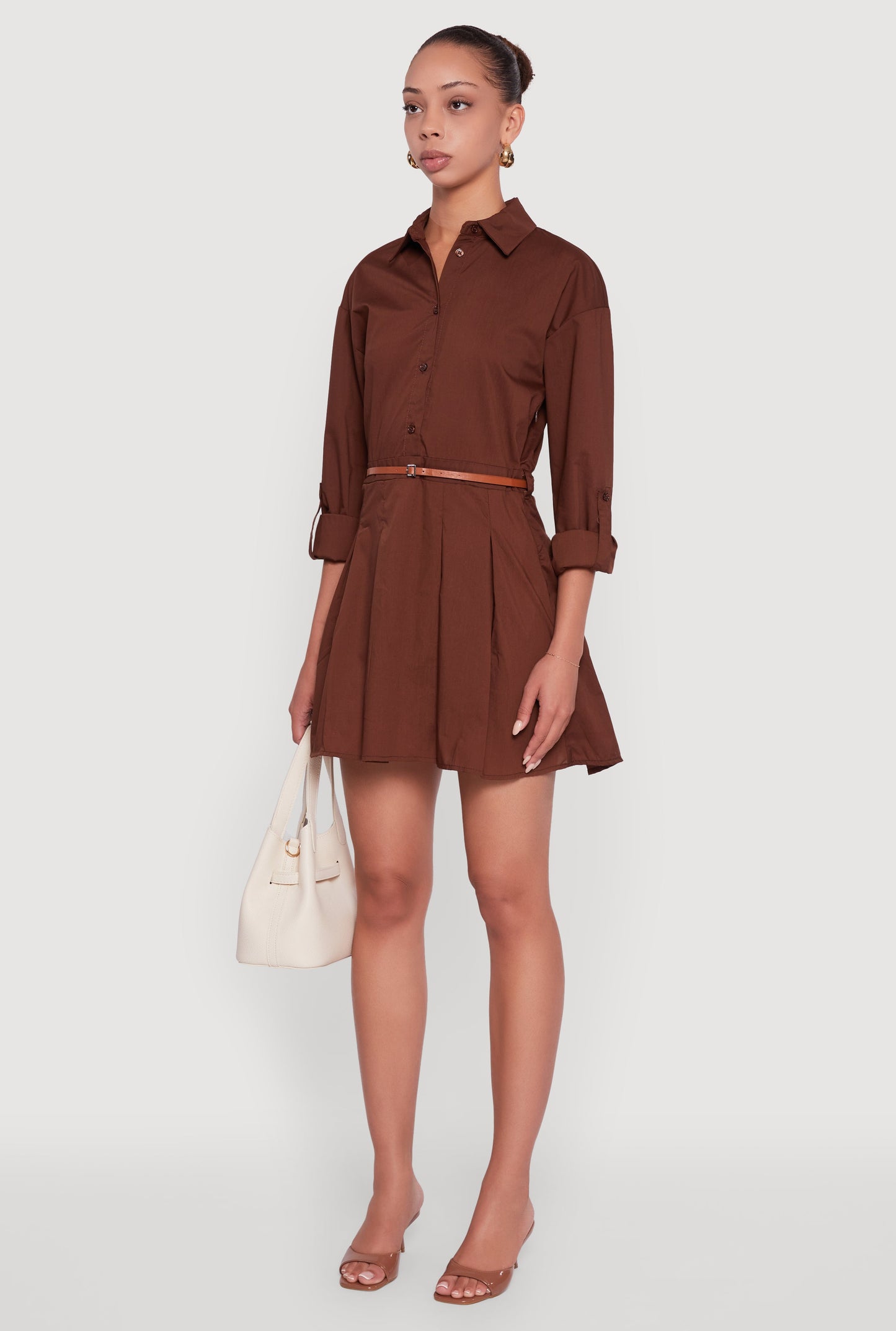 Tabbed Sleeve Belted Button Front Shirt Dress