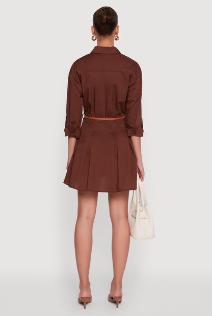 Tabbed Sleeve Belted Button Front Shirt Dress
