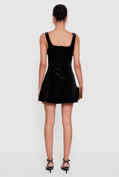 Velvet Bow Strap Square Neck Mini Dress