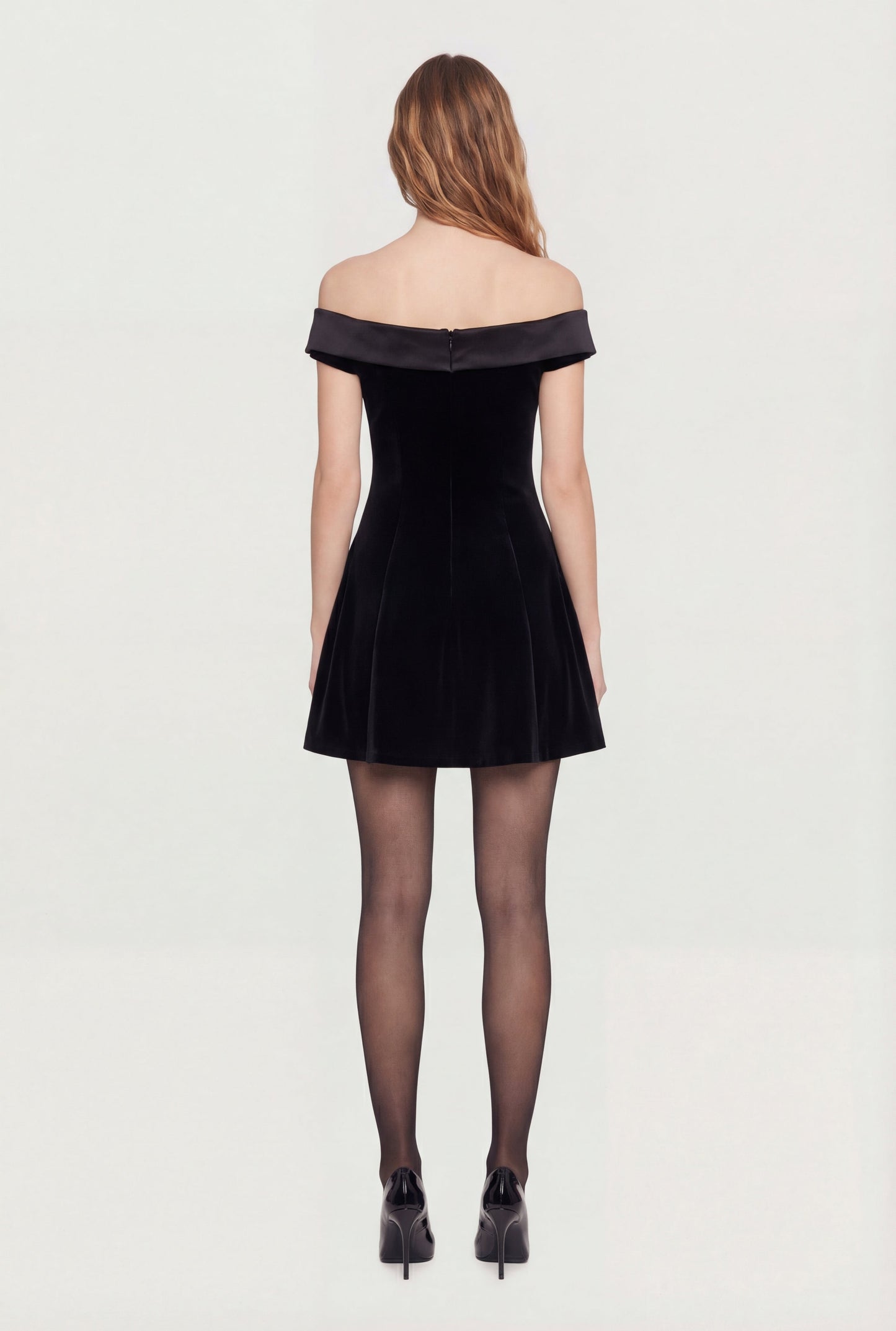 Satin Fold Over Off the Shoulder Velour Skater Dress