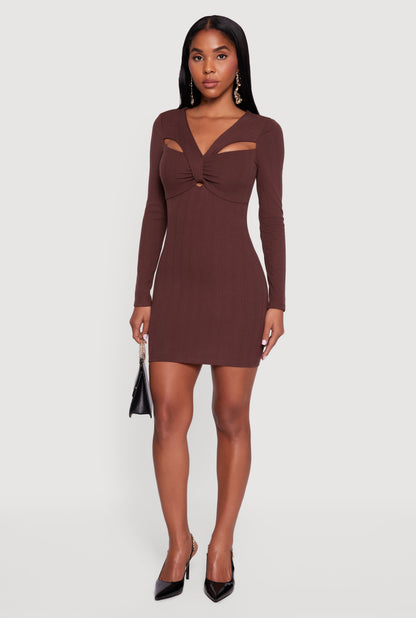 Ribbed Knit Padded Cup Twist Front Dress