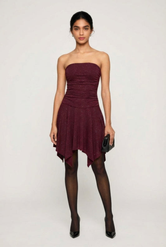 Strapless Side Ruched Handkerchief Hem Dress