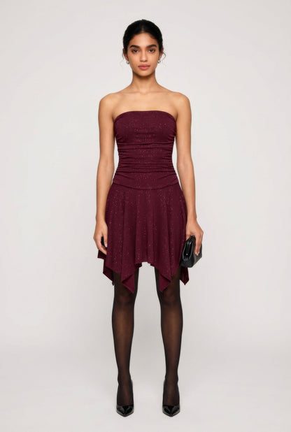 Strapless Side Ruched Handkerchief Hem Dress