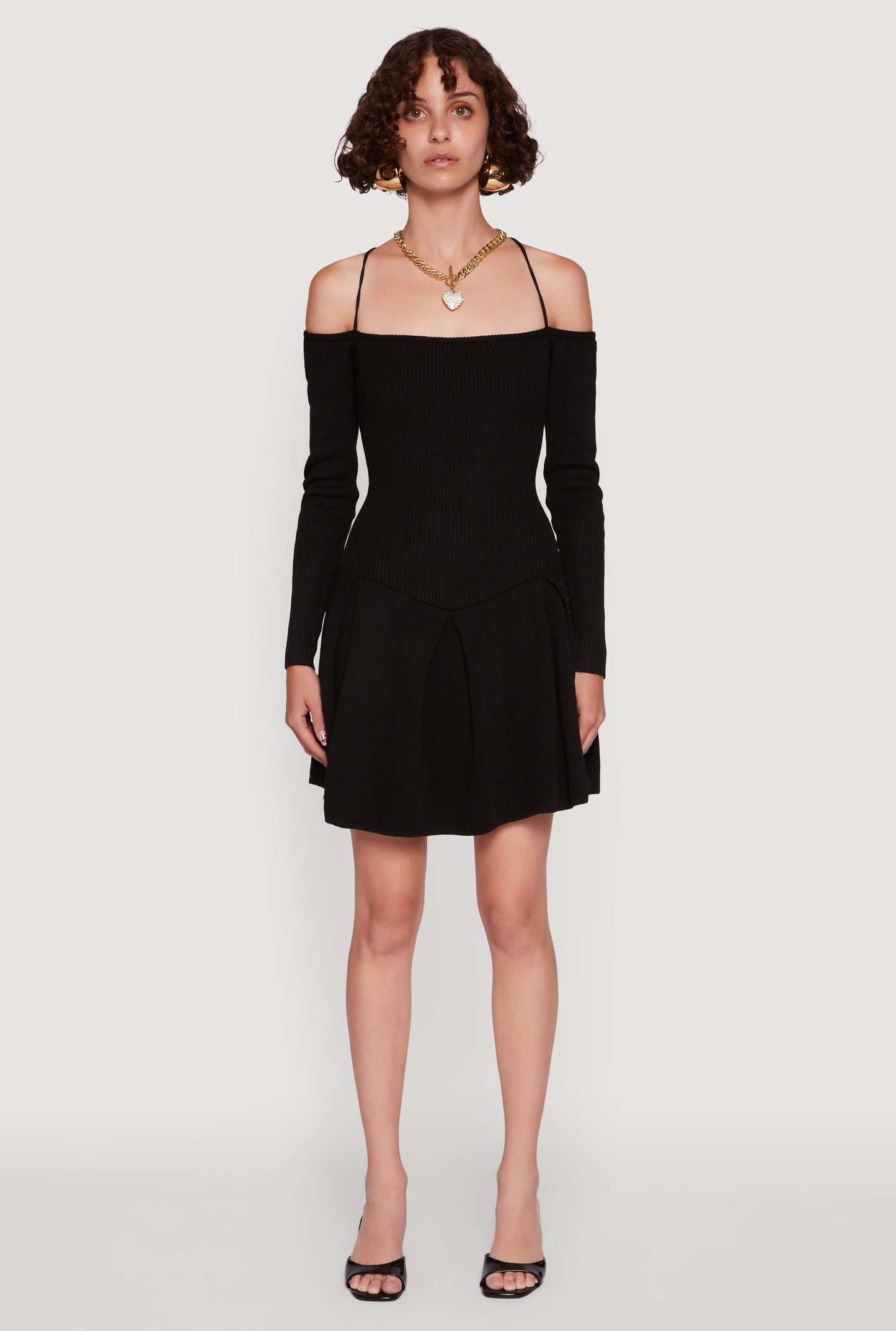 Ribbed Knit Lace Up Back Pleated Skater Dress