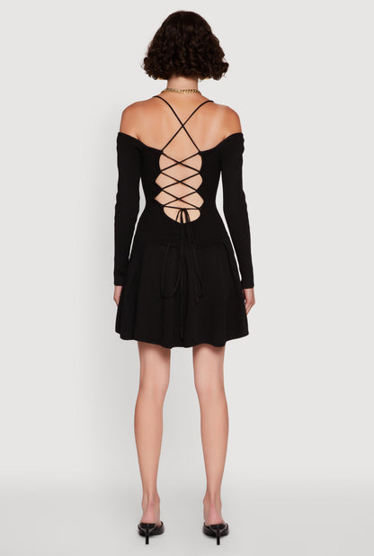 Ribbed Knit Lace Up Back Pleated Skater Dress