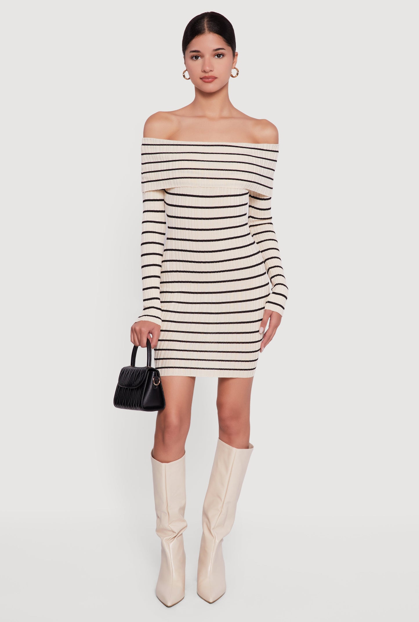 Striped Fold Over Off the Shoulder Bodycon Dress