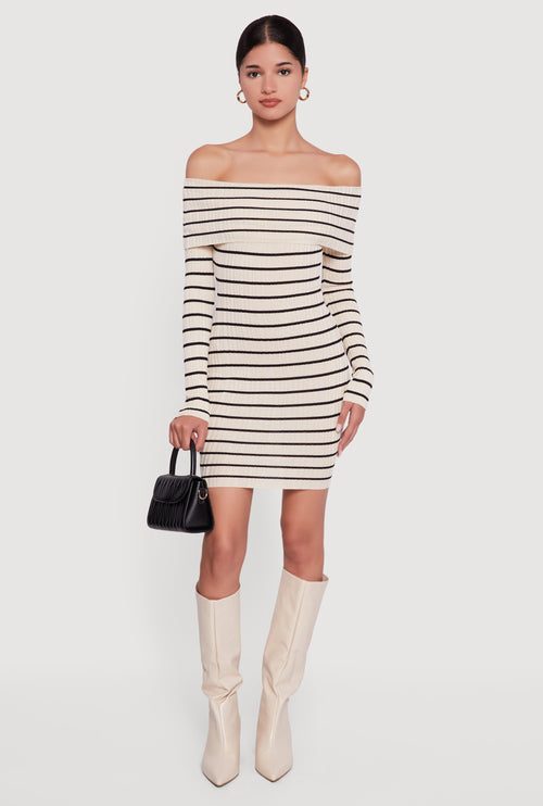 Striped Fold Over Off the Shoulder Bodycon Dress