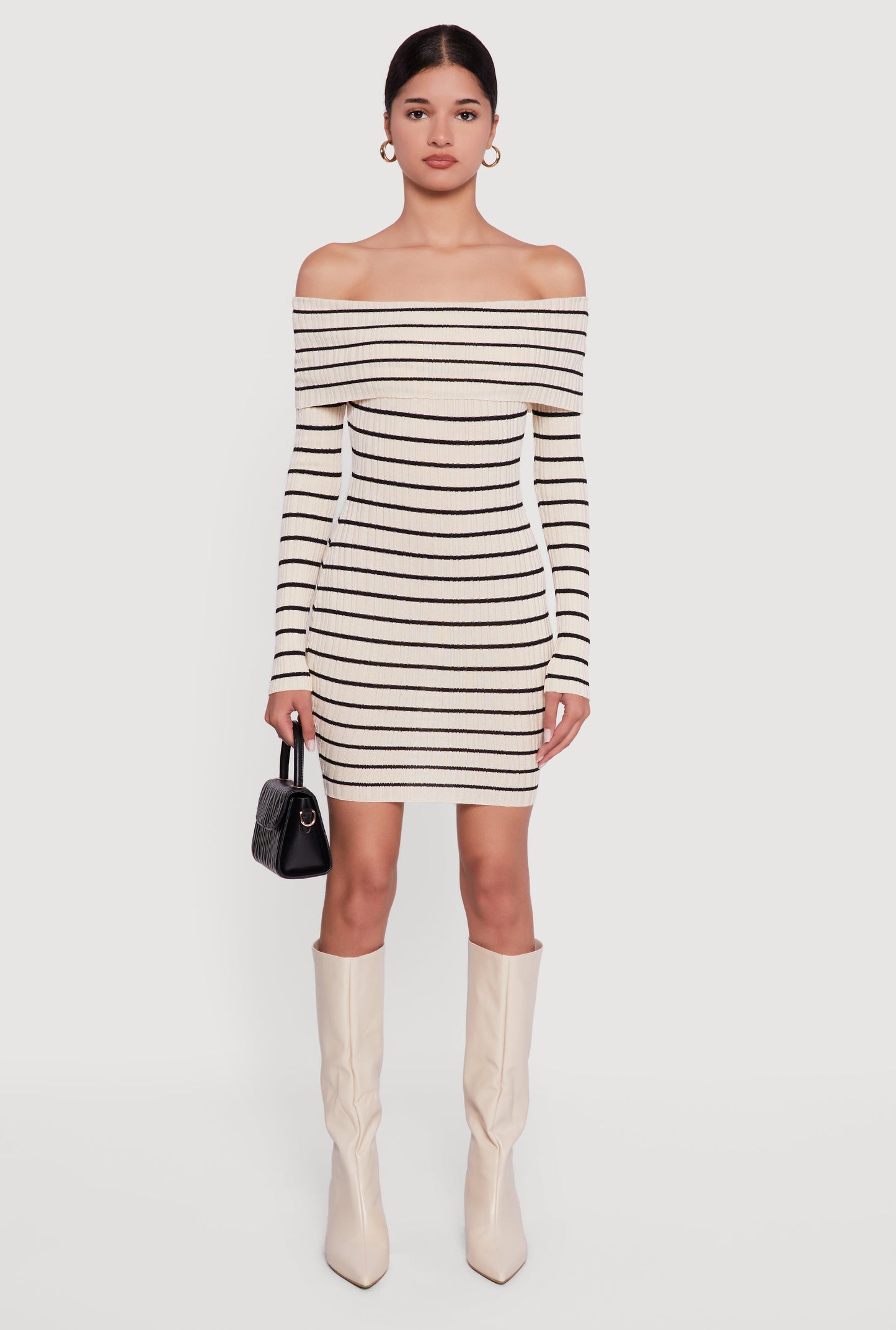 Striped Fold Over Off the Shoulder Bodycon Dress