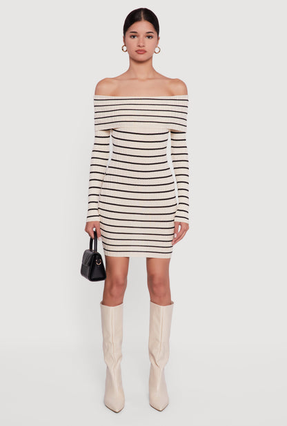 Striped Fold Over Off the Shoulder Bodycon Dress