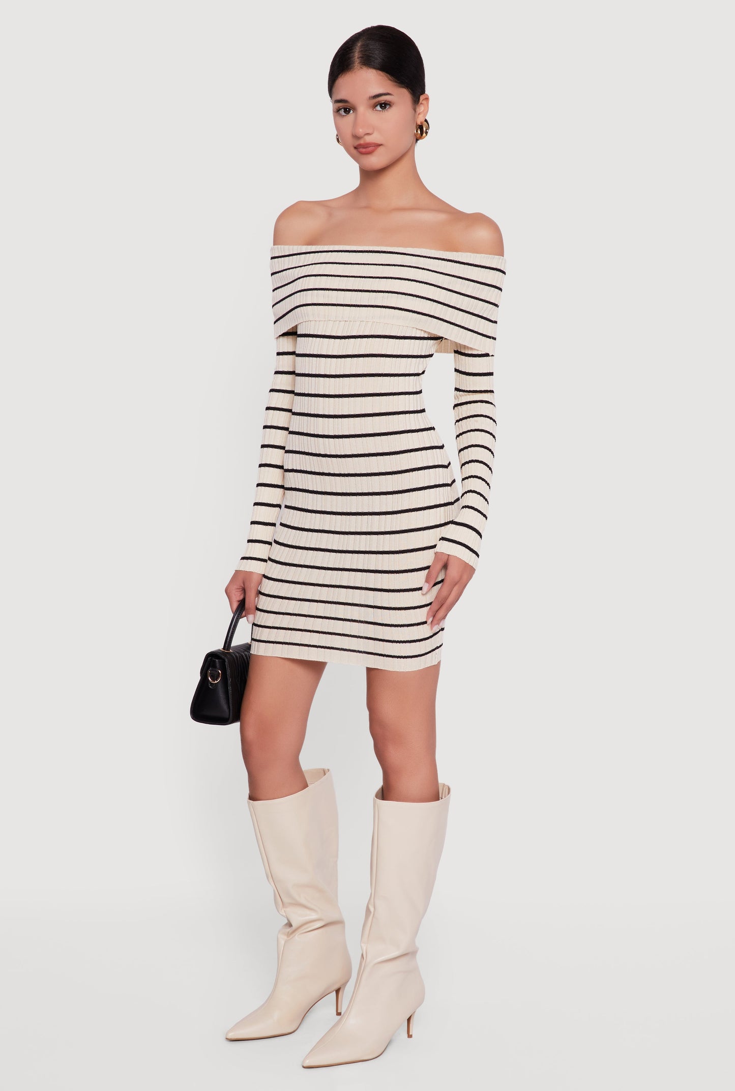 Striped Fold Over Off the Shoulder Bodycon Dress