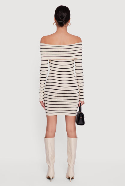 Striped Fold Over Off the Shoulder Bodycon Dress