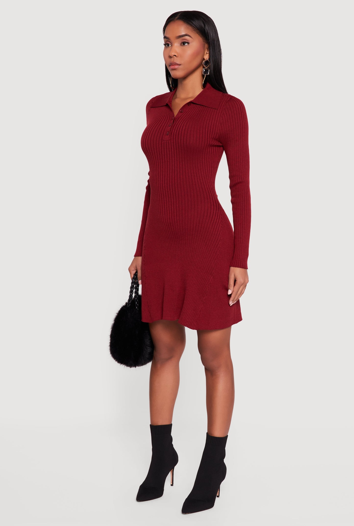 Rib Knit Long Sleeve Polo Sweater Dress