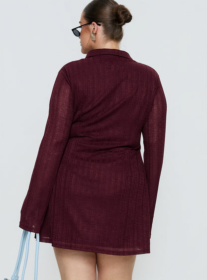 When You Sleep Long Sleeve Mini Dress Wine Curve