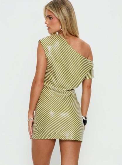 Speed Dial Off Shoulder Sequin Mini Dress Green Stripe