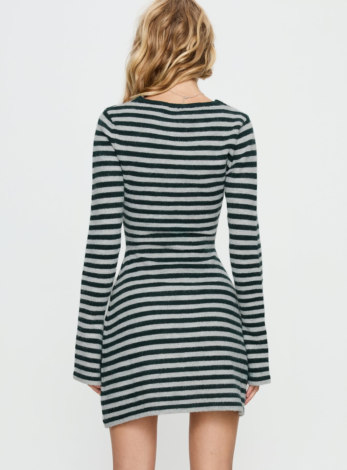 Morgen Asymmetrical Long Sleeve Mini Dress Grey / Green Stripe