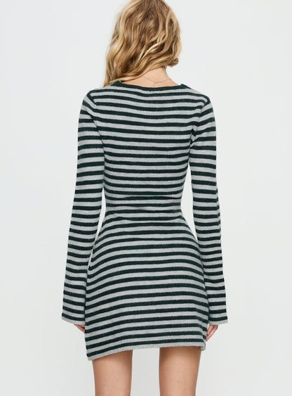 Morgen Asymmetrical Long Sleeve Mini Dress Grey / Green Stripe