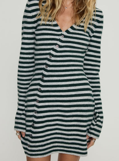Morgen Asymmetrical Long Sleeve Mini Dress Grey / Green Stripe