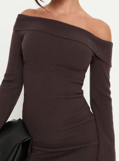 Sina Off Shoulder Mini Dress Chocolate