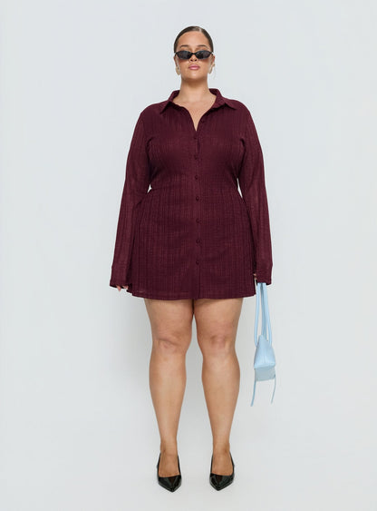 When You Sleep Long Sleeve Mini Dress Wine Curve