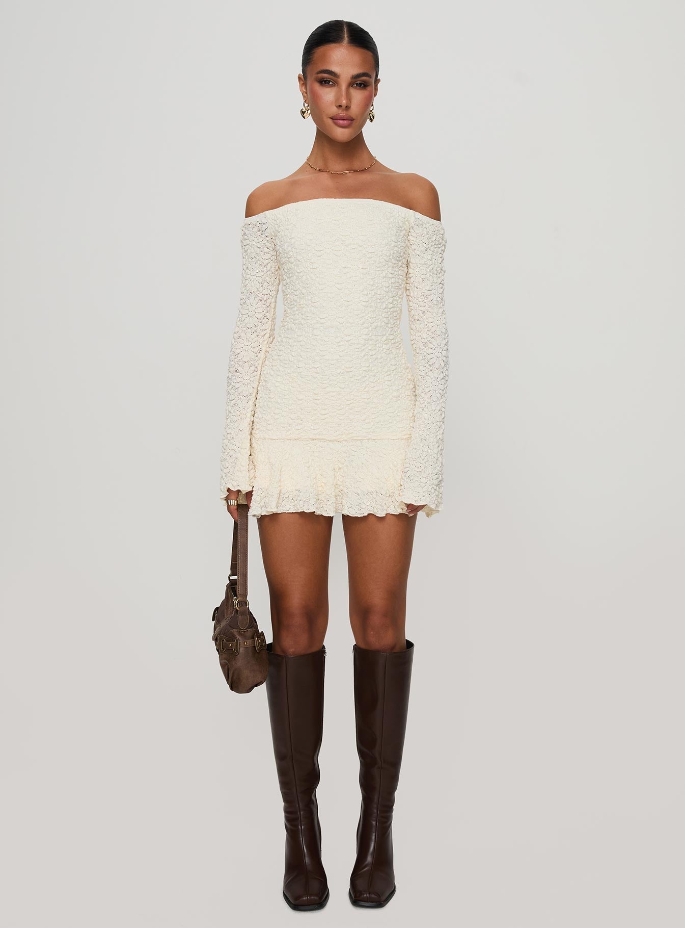 Vancesca Off Shoulder Long Sleeve Mini Dress Cream