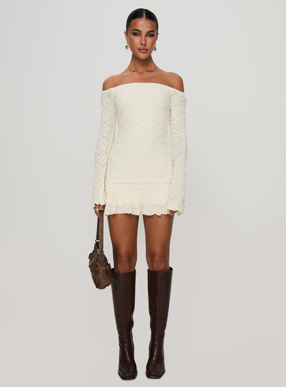 Vancesca Off Shoulder Long Sleeve Mini Dress Cream
